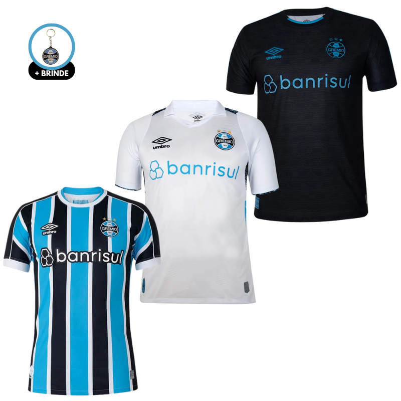 Kit 3 Camisas Gremio 2024/25 Torcedor Masculino Titular, Reserva e Terceiro Uniforme + Brinde
